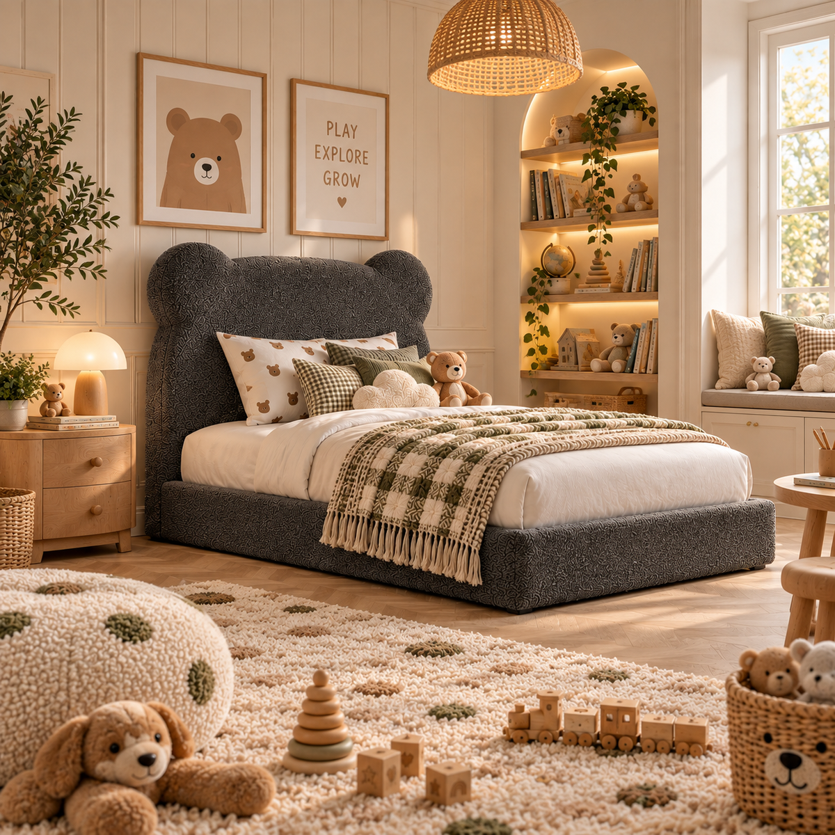 Kids Teddy Bear Divan Bed in Boucle Teddy Charcoal with Optional Side Drawers