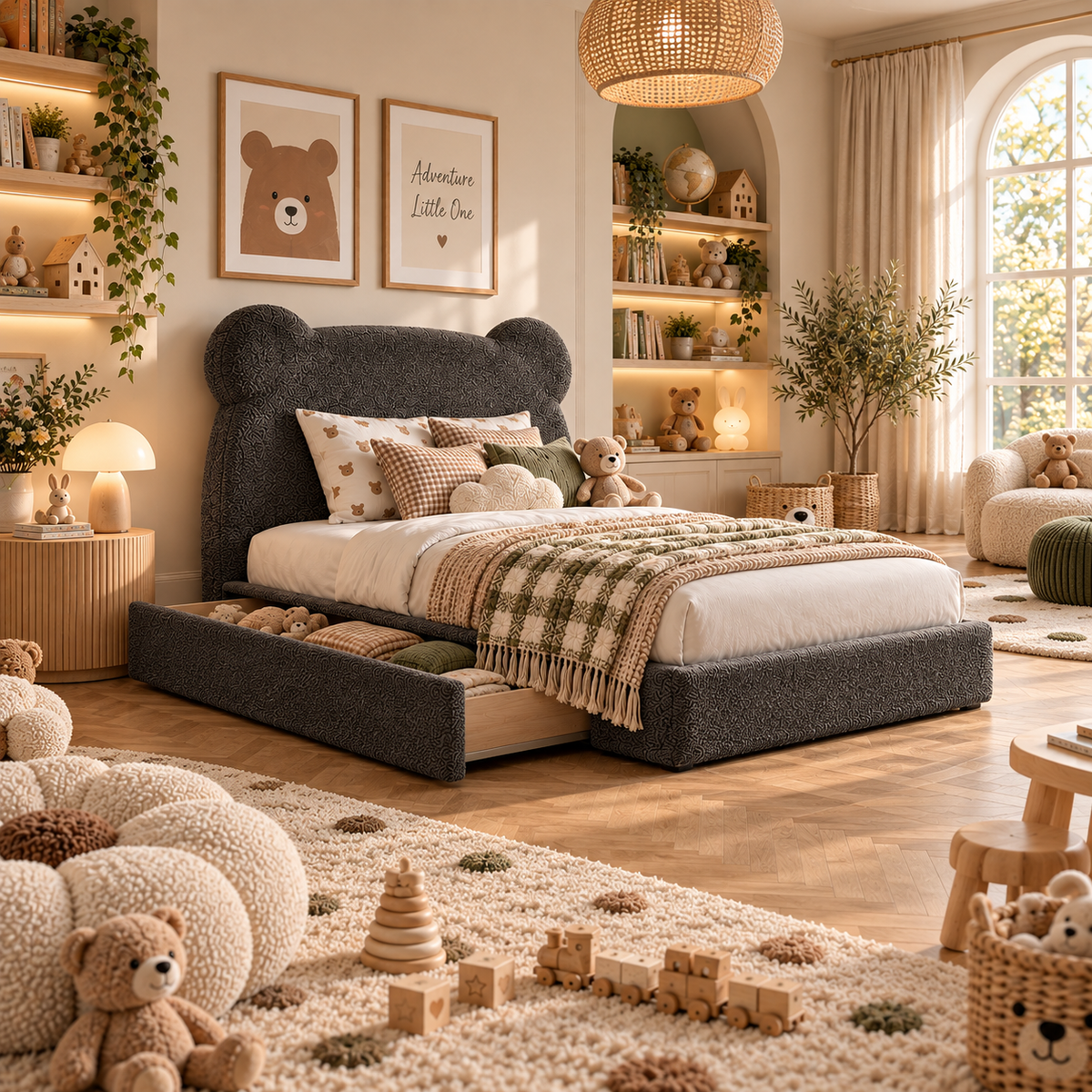 Kids Teddy Bear Divan Bed in Boucle Teddy Charcoal with Optional Side Drawers