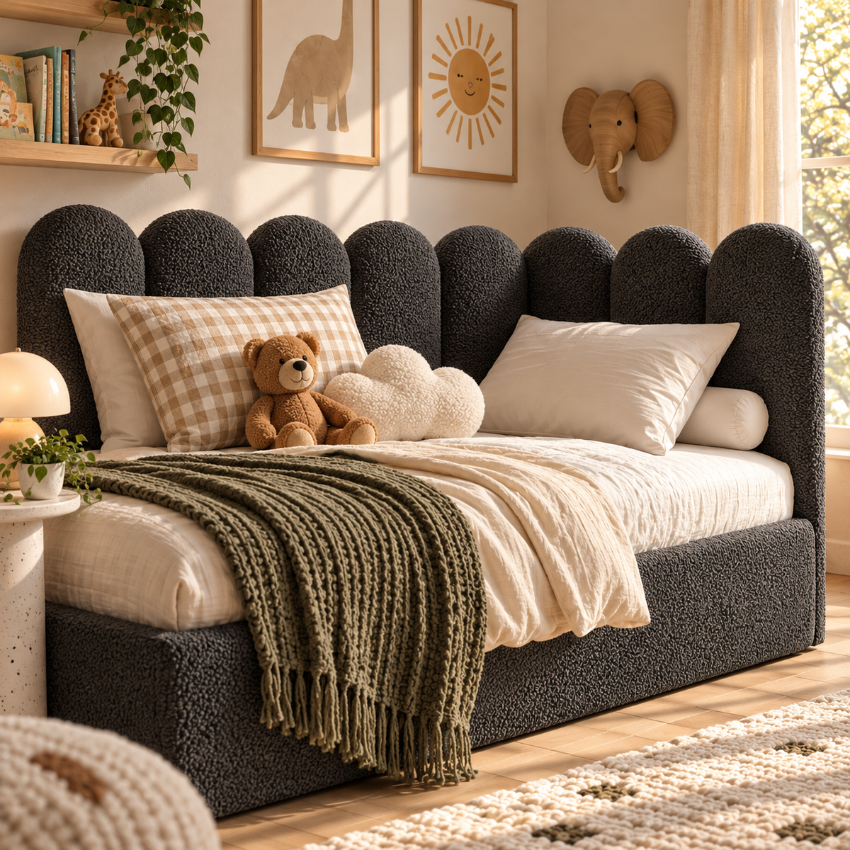 Kids Corner Nook Bed in Boucle Teddy Charcoal with Scalloped L-Shaped Headboard