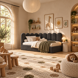 Kids Corner Nook Bed in Boucle Teddy Charcoal with Scalloped L-Shaped Headboard