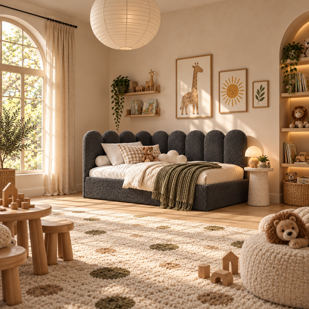 Kids Corner Nook Bed in Boucle Teddy Charcoal with Scalloped L-Shaped Headboard