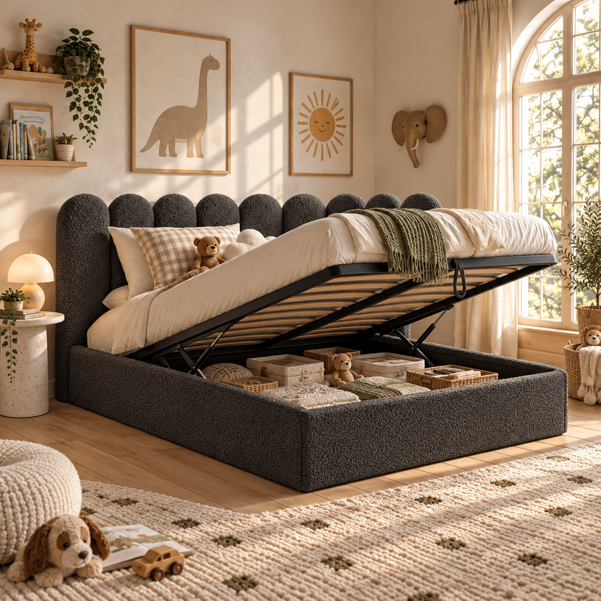 Kids Corner Nook Bed in Boucle Teddy Charcoal with Scalloped L-Shaped Headboard