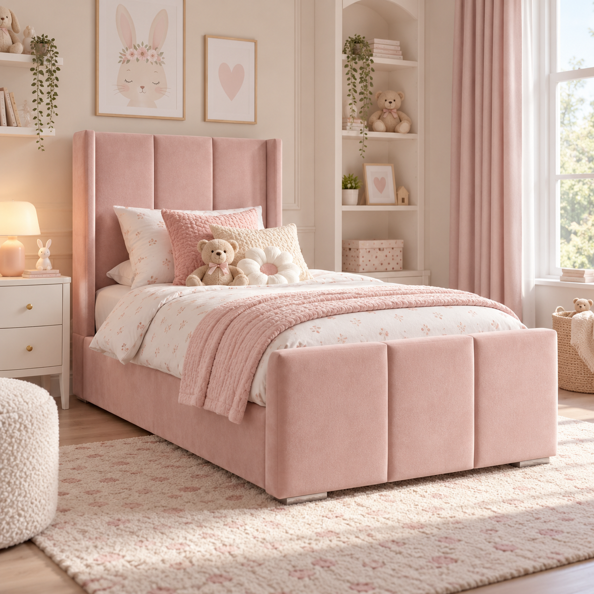 Plush Velvet Pink Kids Upholstered Channel Tufted Wingback Bed with Under-Bed Side-Drawers
