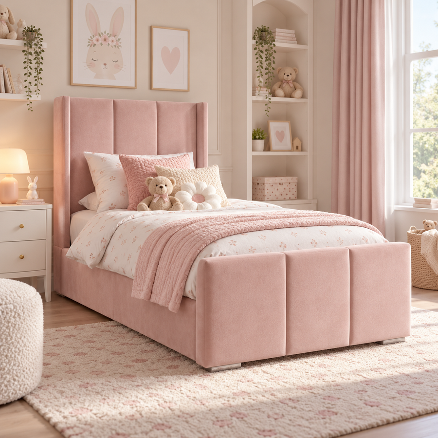 Plush Velvet Pink Kids Upholstered Channel Tufted Wingback Bed with Under-Bed Side-Drawers