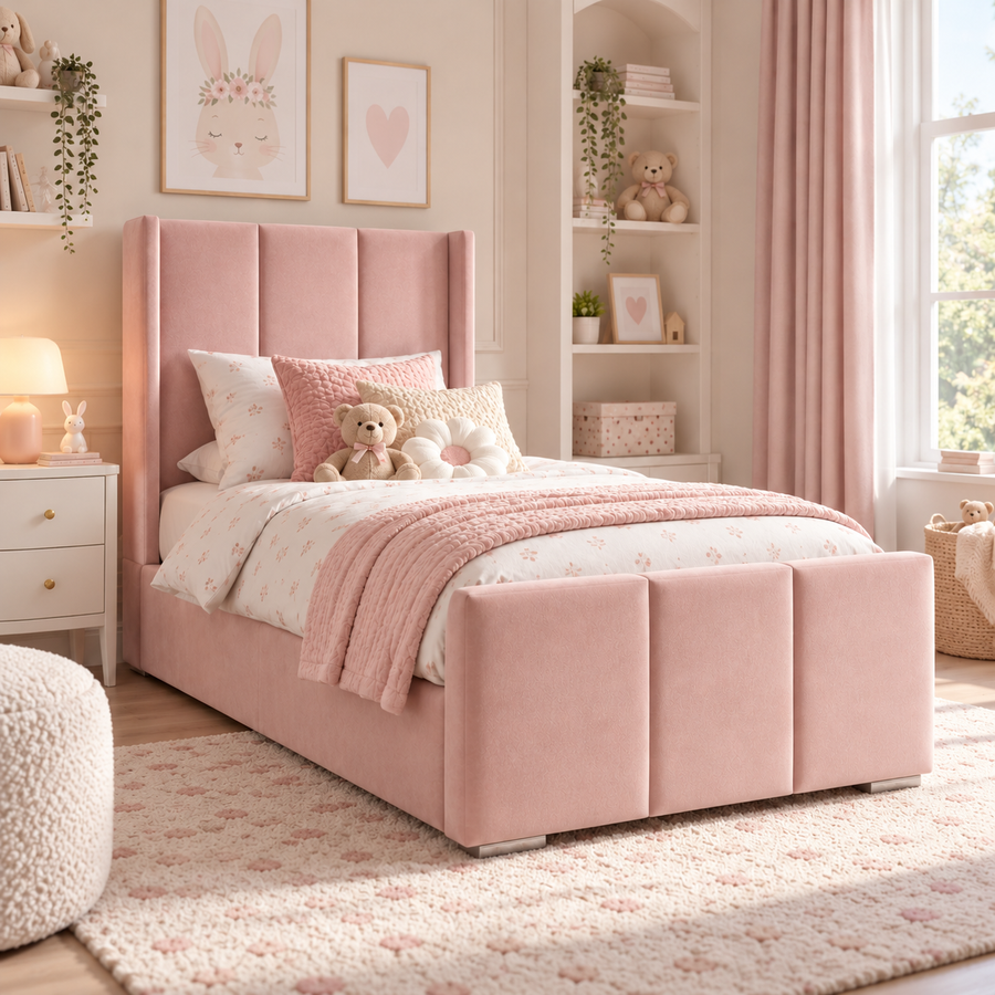 Plush Velvet Pink Kids Upholstered Channel Tufted Wingback Bed with Under-Bed Side-Drawers