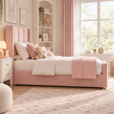Plush Velvet Pink Kids Upholstered Channel Tufted Wingback Bed with Under-Bed Side-Drawers