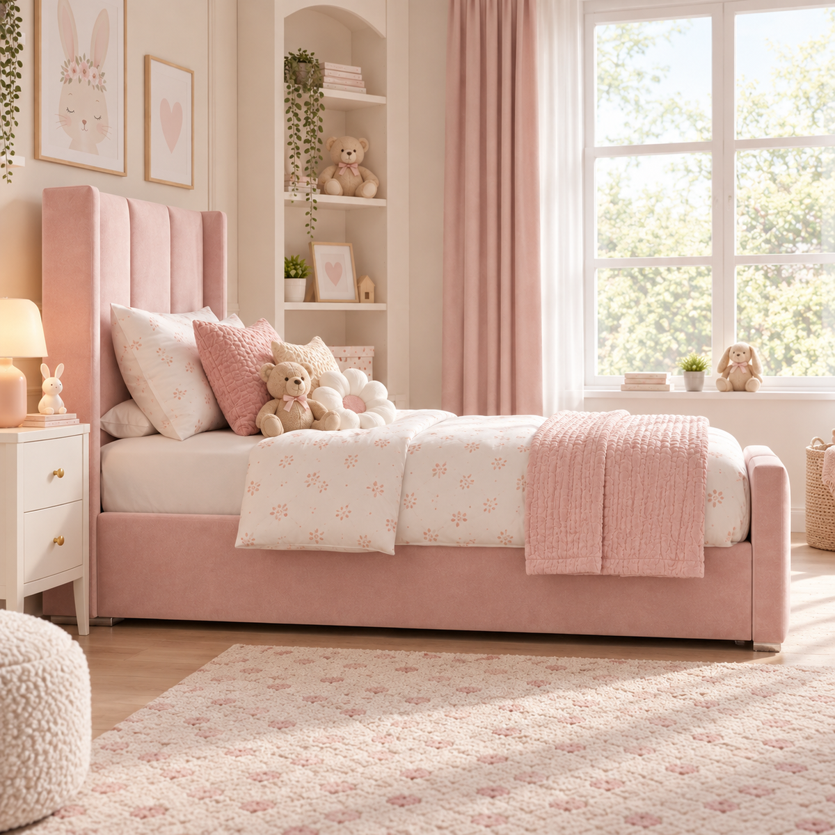 Plush Velvet Pink Kids Upholstered Channel Tufted Wingback Bed with Under-Bed Side-Drawers