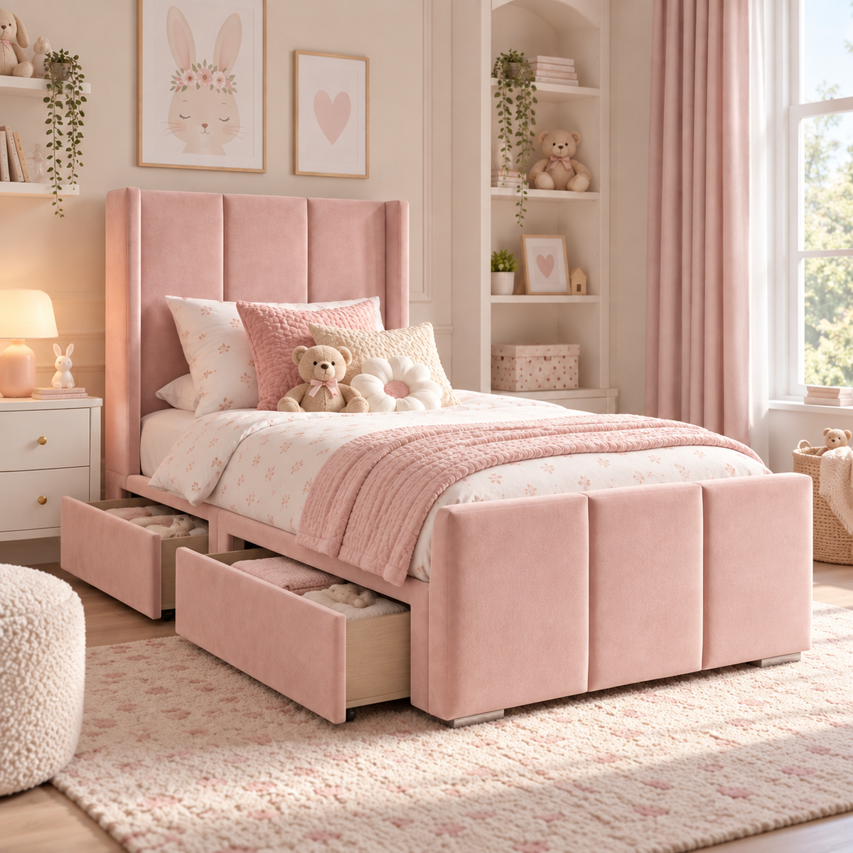 Plush Velvet Pink Kids Upholstered Channel Tufted Wingback Bed with Under-Bed Side-Drawers