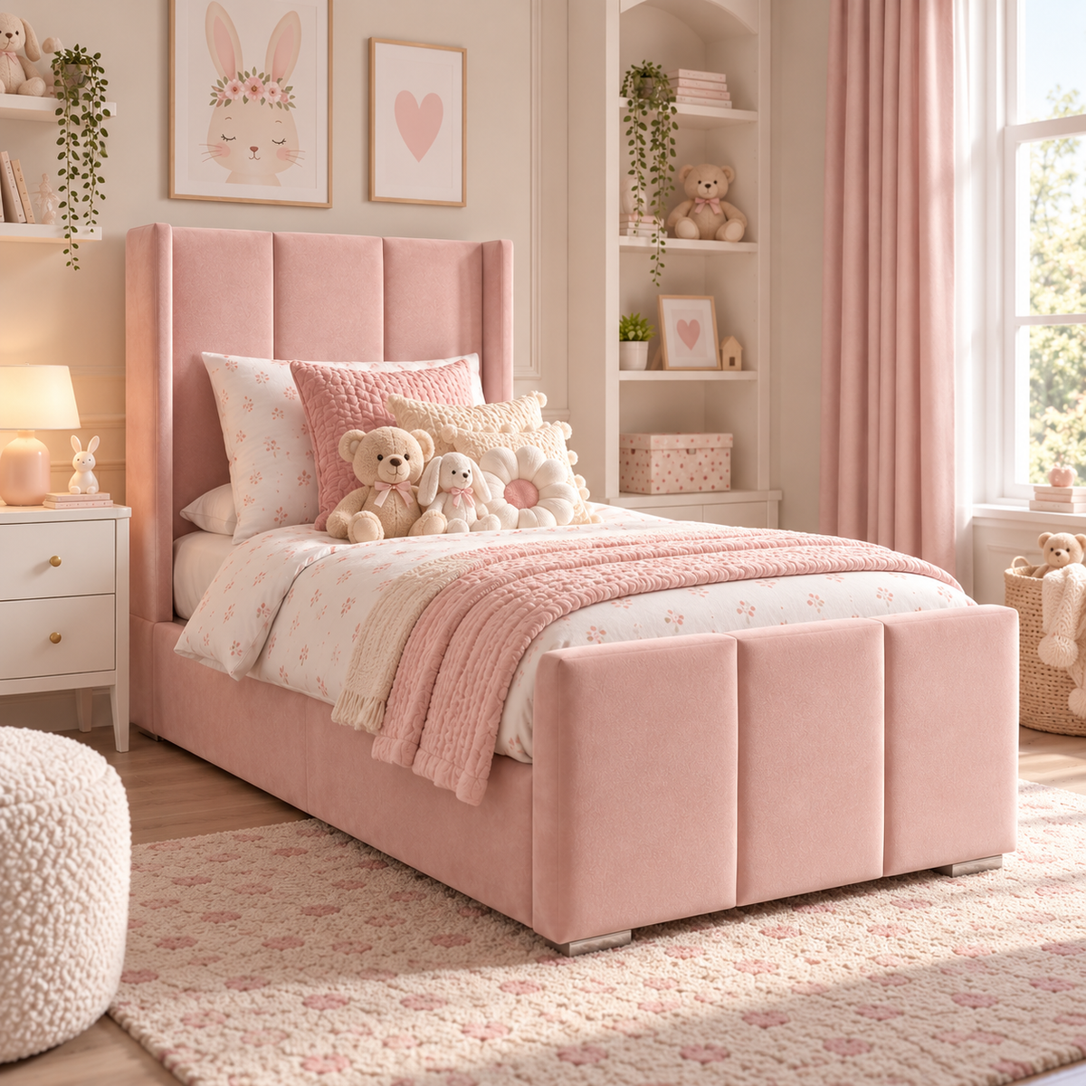 Plush Velvet Pink Kids Upholstered Channel Tufted Wingback Bed with Under-Bed Side-Drawers