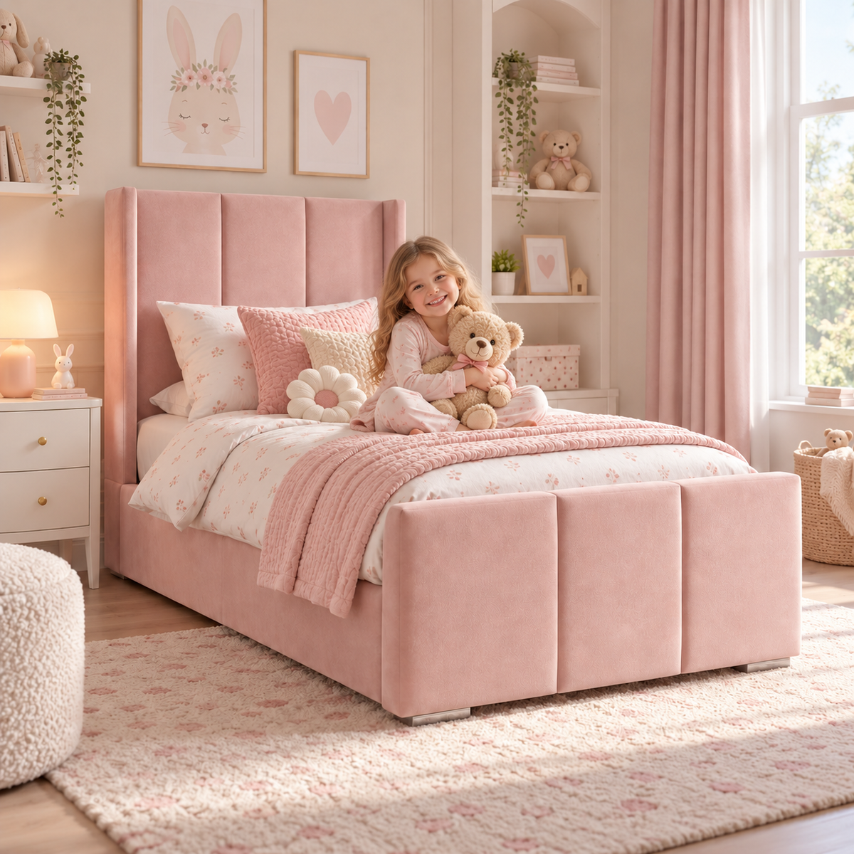 Plush Velvet Pink Kids Upholstered Channel Tufted Wingback Bed with Under-Bed Side-Drawers