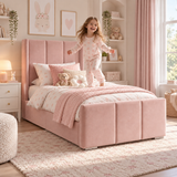 Plush Velvet Pink Kids Upholstered Channel Tufted Wingback Bed with Under-Bed Side-Drawers