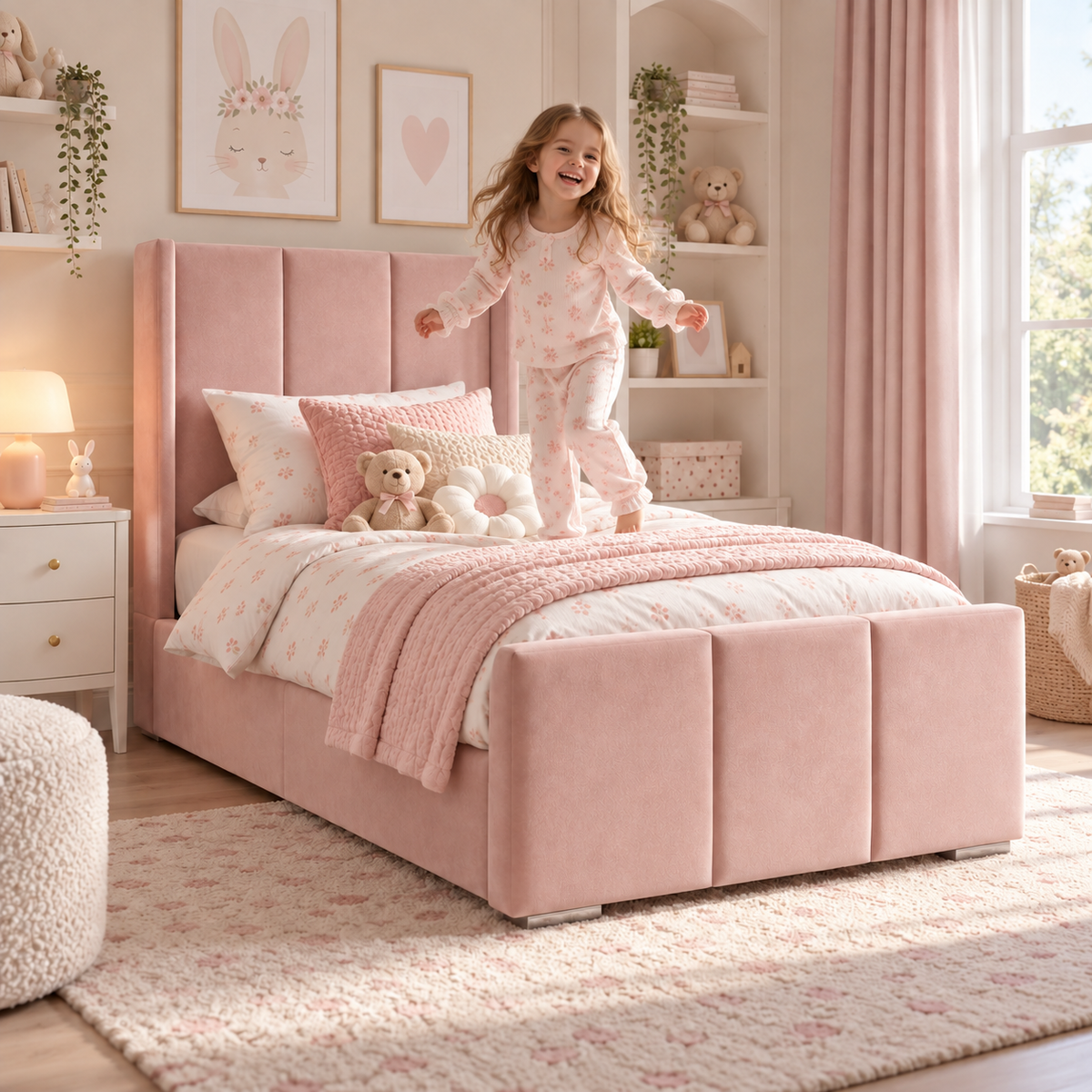 Plush Velvet Pink Kids Upholstered Channel Tufted Wingback Bed with Under-Bed Side-Drawers