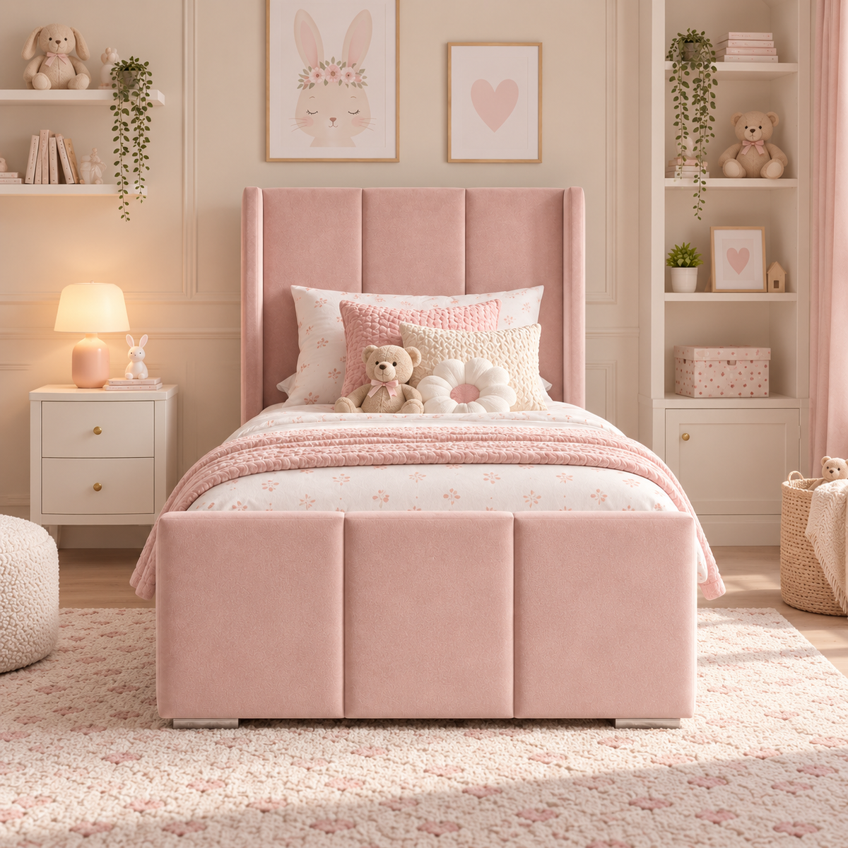 Plush Velvet Pink Kids Upholstered Channel Tufted Wingback Bed with Under-Bed Side-Drawers