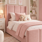Plush Velvet Pink Kids Upholstered Channel Tufted Wingback Bed with Under-Bed Side-Drawers