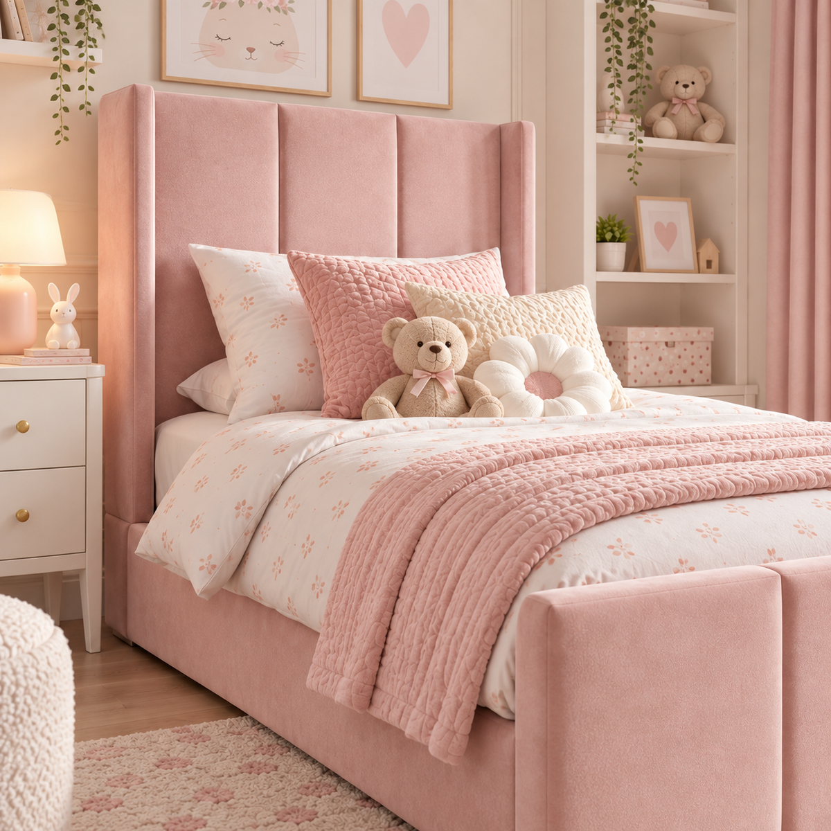 Plush Velvet Pink Kids Upholstered Channel Tufted Wingback Bed with Under-Bed Side-Drawers