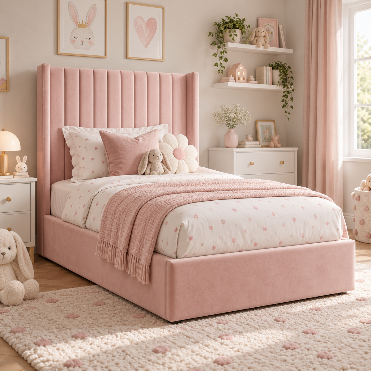 Plush Velvet Pink Kids Panelled Wingback Bed with Footboard and Under-Bed Side-Drawers