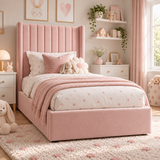 Plush Velvet Pink Kids Panelled Wingback Bed with Footboard and Under-Bed Side-Drawers
