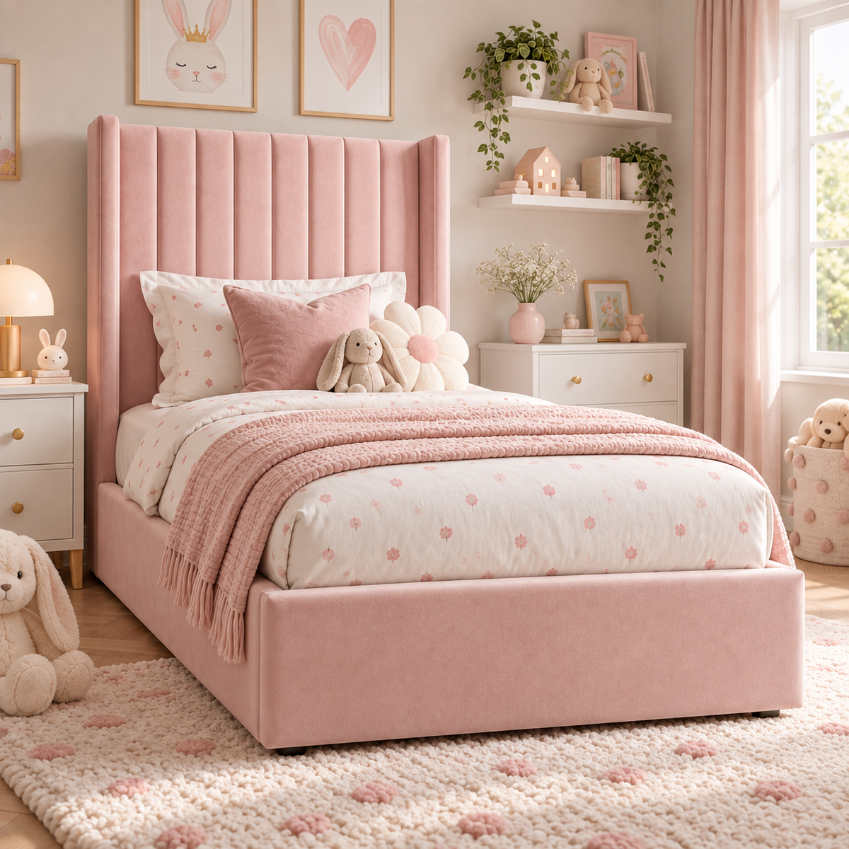 Plush Velvet Pink Kids Panelled Wingback Bed with Footboard and Under-Bed Side-Drawers