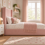 Plush Velvet Pink Kids Panelled Wingback Bed with Footboard and Under-Bed Side-Drawers