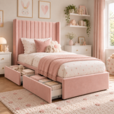 Plush Velvet Pink Kids Panelled Wingback Bed with Footboard and Under-Bed Side-Drawers