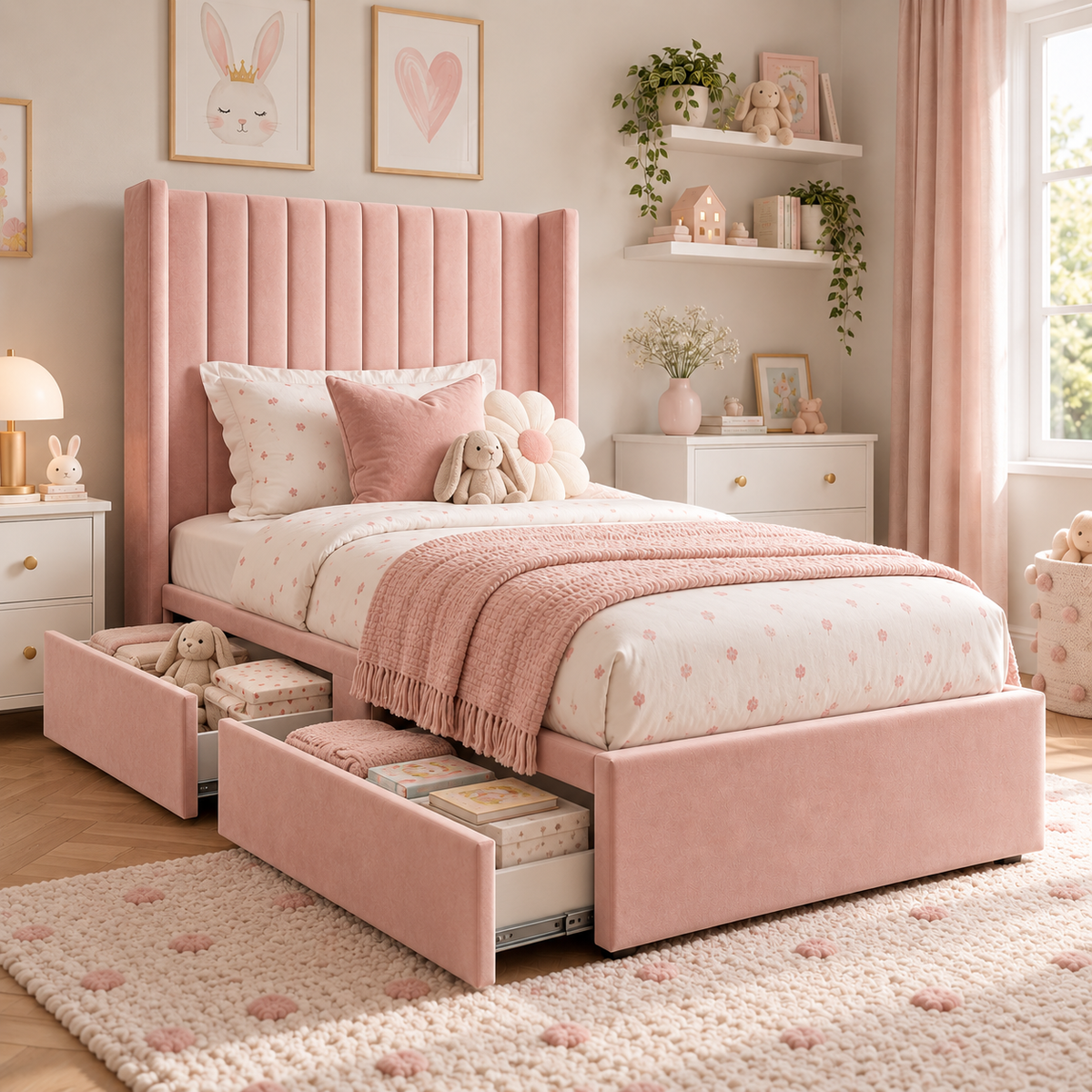 Plush Velvet Pink Kids Panelled Wingback Bed with Footboard and Under-Bed Side-Drawers