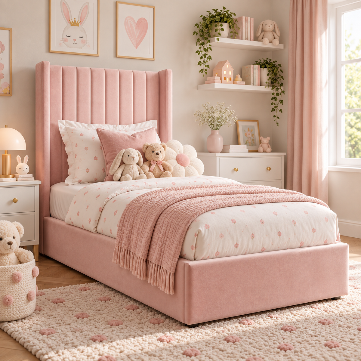 Plush Velvet Pink Kids Panelled Wingback Bed with Footboard and Under-Bed Side-Drawers