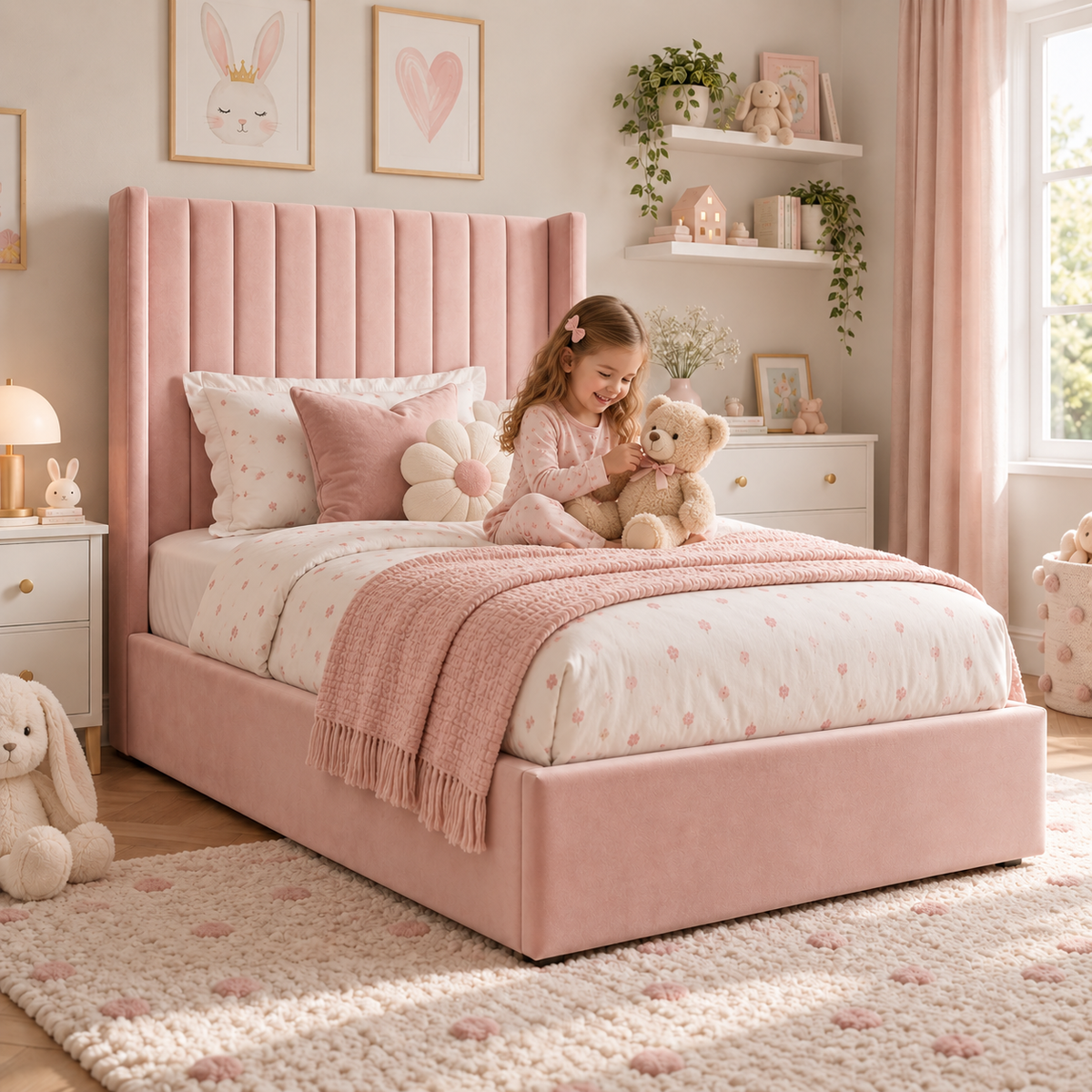 Plush Velvet Pink Kids Panelled Wingback Bed with Footboard and Under-Bed Side-Drawers