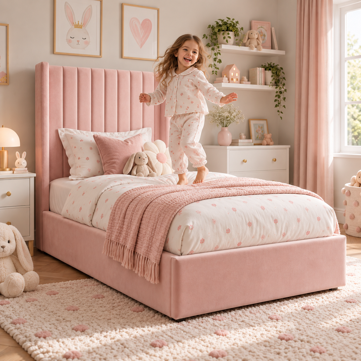 Plush Velvet Pink Kids Panelled Wingback Bed with Footboard and Under-Bed Side-Drawers