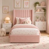 Plush Velvet Pink Kids Panelled Wingback Bed with Footboard and Under-Bed Side-Drawers