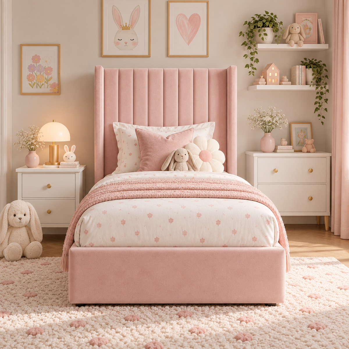 Plush Velvet Pink Kids Panelled Wingback Bed with Footboard and Under-Bed Side-Drawers