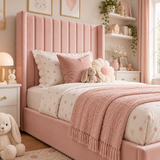 Plush Velvet Pink Kids Panelled Wingback Bed with Footboard and Under-Bed Side-Drawers
