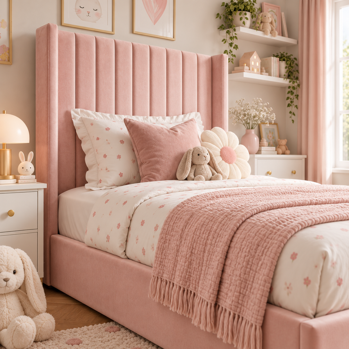 Plush Velvet Pink Kids Panelled Wingback Bed with Footboard and Under-Bed Side-Drawers