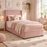 Plush Velvet Pink Kids Upholstered Wingback Bed with Under-Bed Side-Drawers