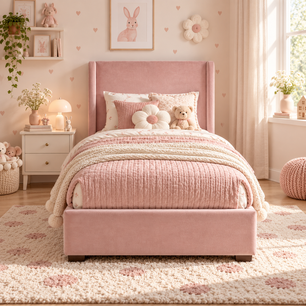 Plush Velvet Pink Kids Upholstered Wingback Bed with Under-Bed Side-Drawers