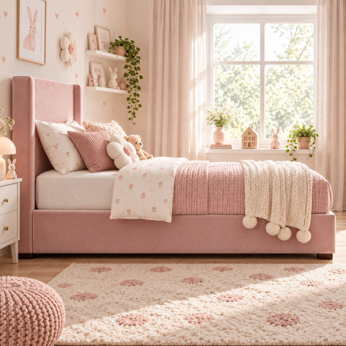 Plush Velvet Pink Kids Upholstered Wingback Bed with Under-Bed Side-Drawers