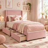 Plush Velvet Pink Kids Upholstered Wingback Bed with Under-Bed Side-Drawers