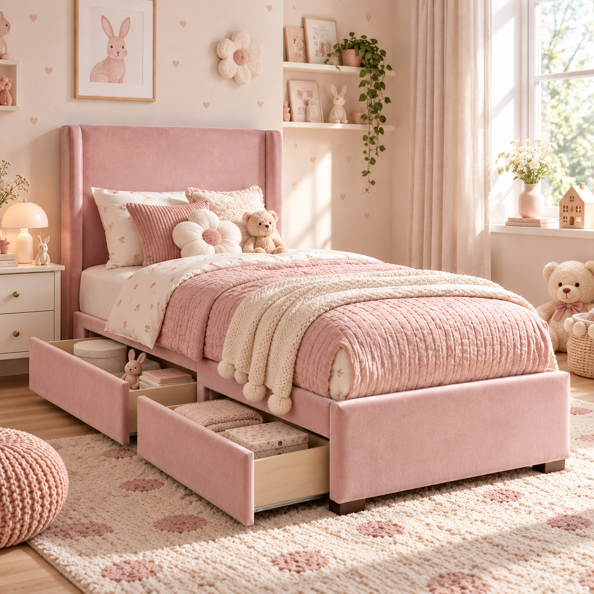 Plush Velvet Pink Kids Upholstered Wingback Bed with Under-Bed Side-Drawers