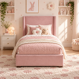 Plush Velvet Pink Kids Upholstered Wingback Bed with Under-Bed Side-Drawers