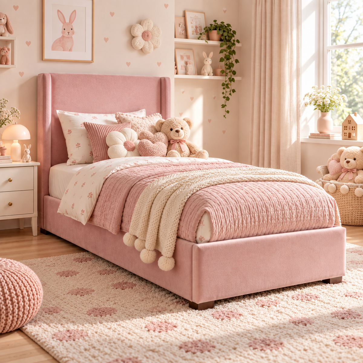 Plush Velvet Pink Kids Upholstered Wingback Bed with Under-Bed Side-Drawers