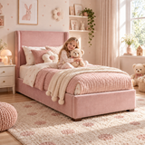 Plush Velvet Pink Kids Upholstered Wingback Bed with Under-Bed Side-Drawers