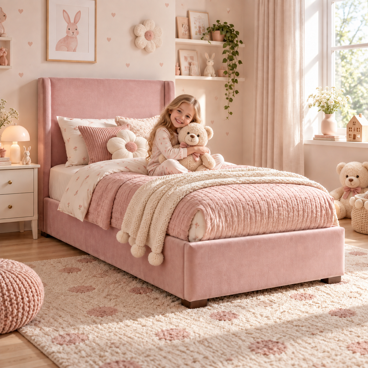 Plush Velvet Pink Kids Upholstered Wingback Bed with Under-Bed Side-Drawers
