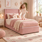 Plush Velvet Pink Kids Upholstered Wingback Bed with Under-Bed Side-Drawers