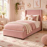 Plush Velvet Pink Kids Upholstered Wingback Bed with Under-Bed Side-Drawers