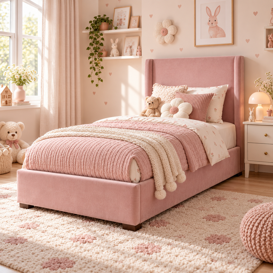 Plush Velvet Pink Kids Upholstered Wingback Bed with Under-Bed Side-Drawers