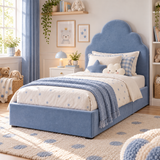 Plush Velvet Blue Kids Upholstered Cloud Bed with Under-Bed Side-Drawers