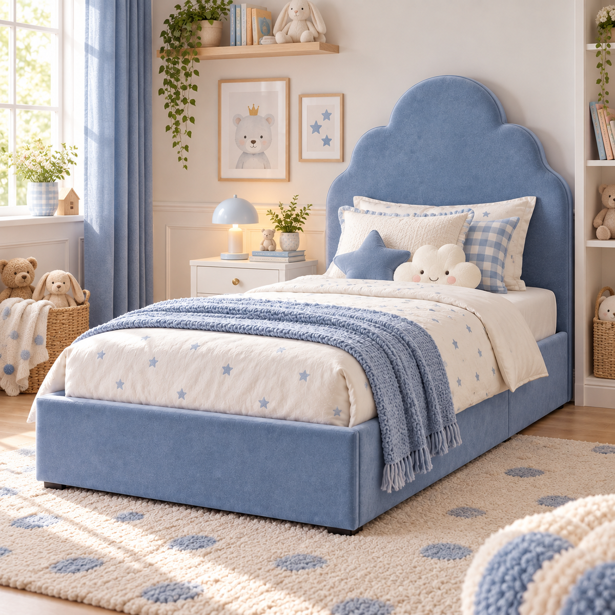 Plush Velvet Blue Kids Upholstered Cloud Bed with Under-Bed Side-Drawers