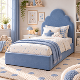 Plush Velvet Blue Kids Upholstered Cloud Bed with Under-Bed Side-Drawers