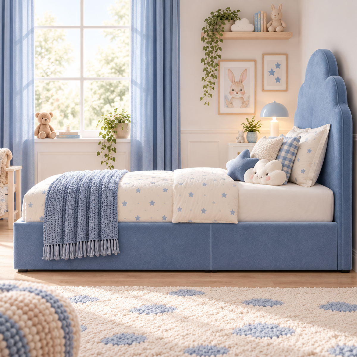 Plush Velvet Blue Kids Upholstered Cloud Bed with Under-Bed Side-Drawers