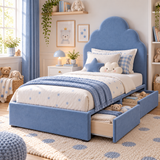 Plush Velvet Blue Kids Upholstered Cloud Bed with Under-Bed Side-Drawers