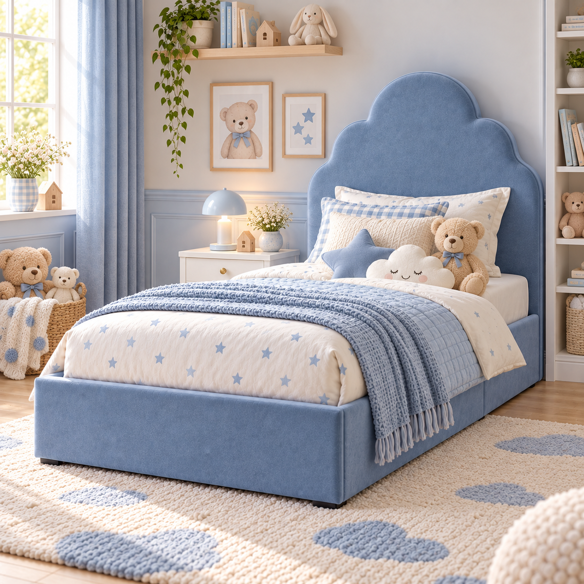 Plush Velvet Blue Kids Upholstered Cloud Bed with Under-Bed Side-Drawers
